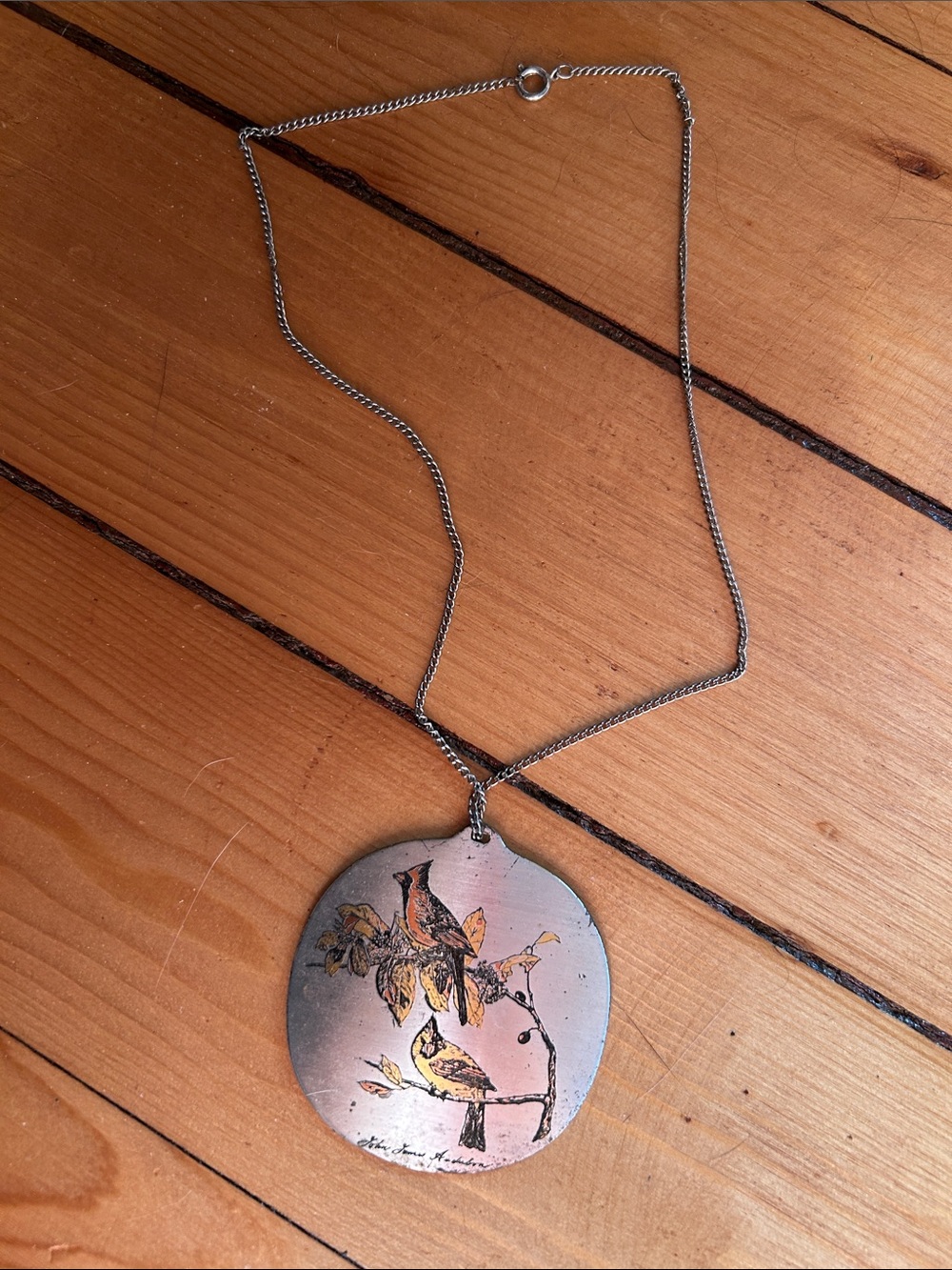 Bird Print Round Pendant Necklace - Silver Tone